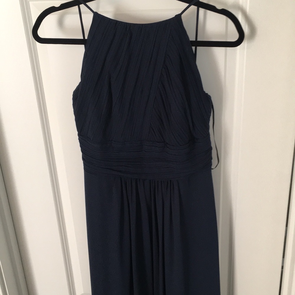 #Levkoff Navy Low Back Pleated Halter Gown